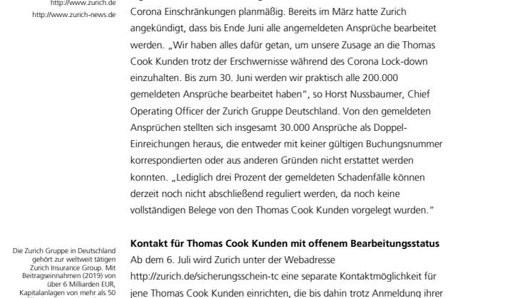 Zurich Erstattung an Thomas Cook Kunden läuft trotz Corona planmäßig