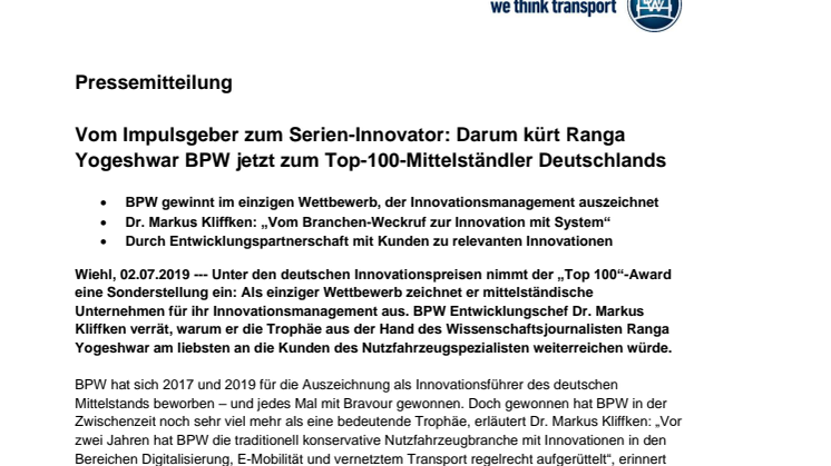 Vom Impulsgeber zum Serien-Innovator: Darum kürt Ranga Yogeshwar BPW jetzt zum Top-100-Mittelständler Deutschlands
