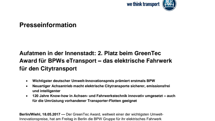 Aufatmen in der Innenstadt: 2. Platz beim GreenTec Award für BPWs eTransport – das elektrische Fahrwerk für den Citytransport