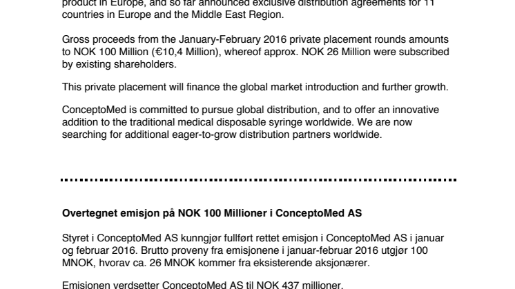 Oversubscribed private placement - total €10,5 Million (100 MNOK) in ConceptoMed AS