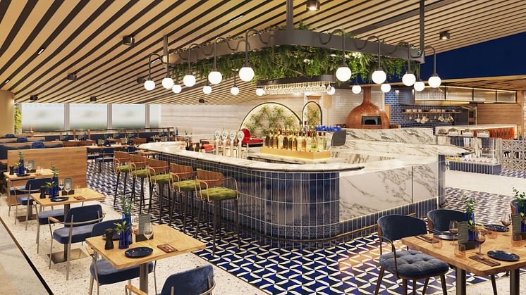 The upper level of Jones the Grocer, which aims to delight diners with its island bar and show kitchen, is slated to open later this year