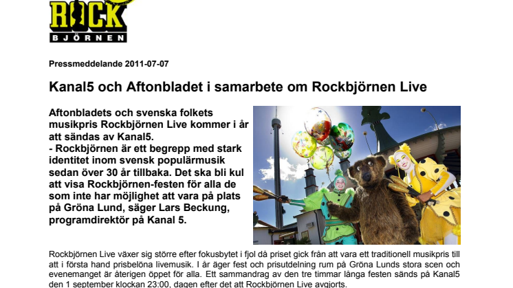 Kanal5 och Aftonbladet i samarbete om Rockbjörnen Live