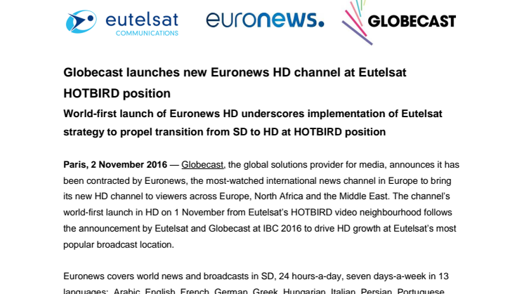 Globecast launches new Euronews HD channel at Eutelsat HOTBIRD position