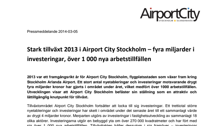 Stark tillväxt 2013 i Airport City Stockholm – fyra miljarder i investeringar, över 1 000 nya arbetstillfällen