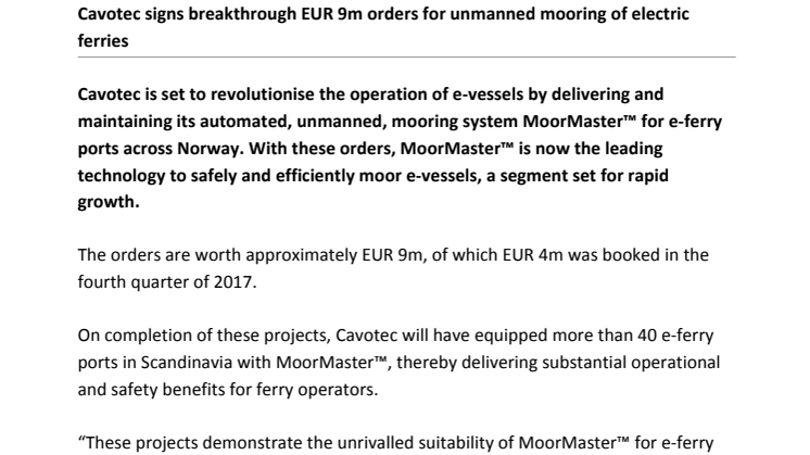Cavotec signs breakthrough EUR 9m orders for unmanned mooring of electric ferries