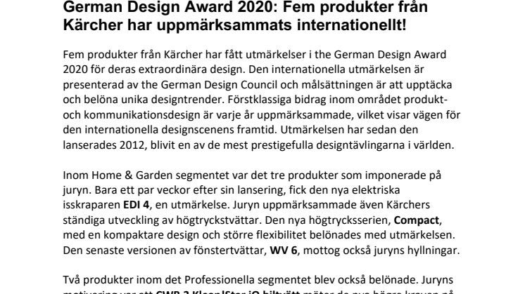 German Design Award 2020: Fem produkter från Kärcher har uppmärksammats internationellt!
