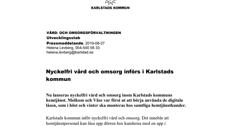 Nyckelfri vård och omsorg införs i Karlstads kommun