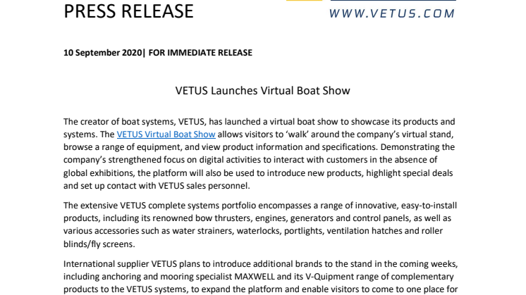 VETUS Launches Virtual Boat Show