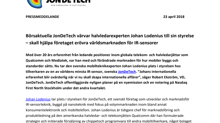 Börsaktuella JonDeTech värvar halvledarexperten Johan Lodenius till sin styrelse – skall hjälpa företaget erövra världsmarknaden för IR-sensorer