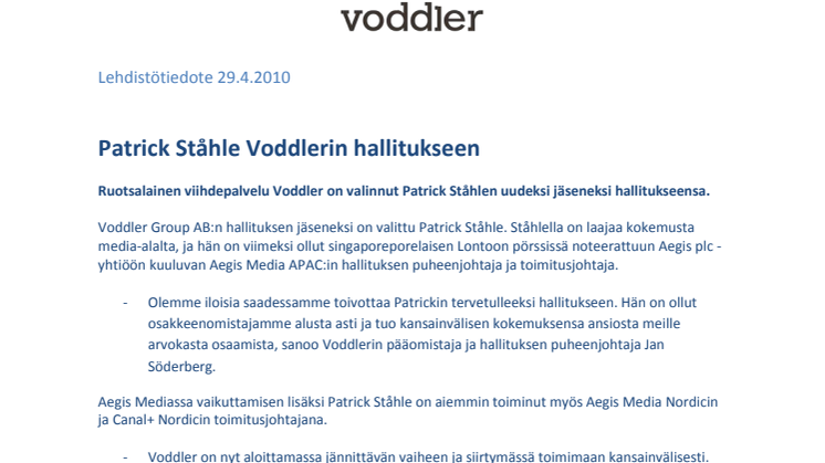 Patrick Ståhle Voddlerin hallitukseen