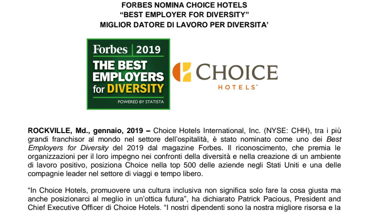 Forbes nomina Choice Hotels “Best Employer for Diversity” - Miglior Datore di Lavoro per Diversità