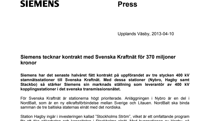 Siemens tecknar kontrakt med Svenska Kraftnät för 370 miljoner kronor