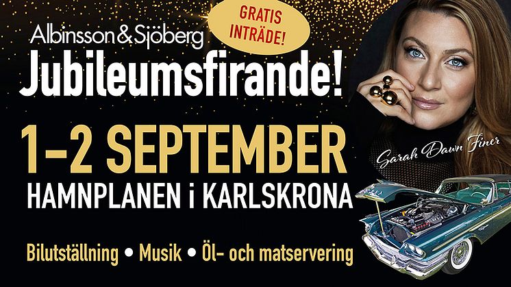 Motorförlaget Albinsson & Sjöberg fyller 50 år och detta firas den 1-2 september på hemmaplan i Karlskrona. Jubileet sker under festliga former med bland annat musik, mat och utställning av häftiga bilar i intilliggande hamnen.