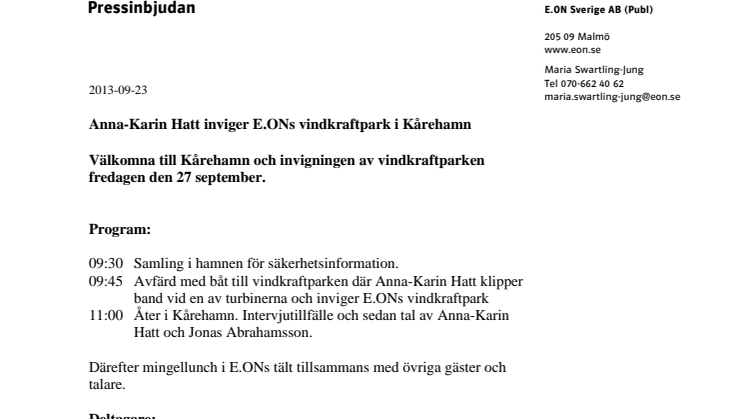 Pressinbjudan: Anna-Karin Hatt inviger E.ONs vindkraftpark i Kårehamn