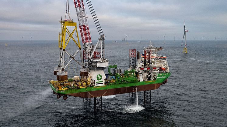Suction Bucket Jacket on GeoSeas heavy lift vessel Innovation to be lifted and placed on the seabed at Borkum Riffgrund 2 and thereafter penetrated into place by suction inside the three foundation buckets.