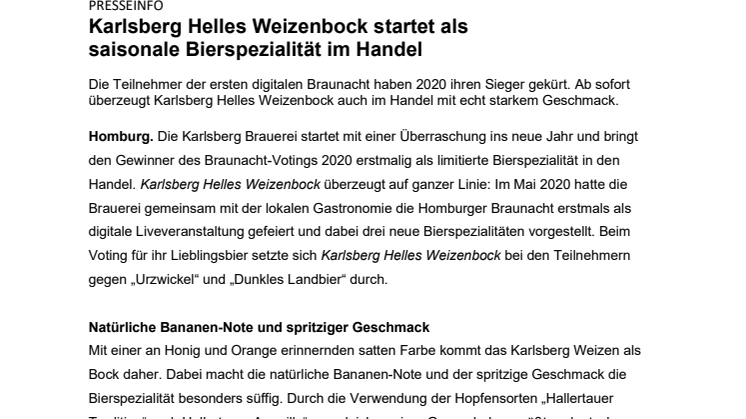 Karlsberg Helles Weizenbock startet als saisonale Bierspezialität im Handel 