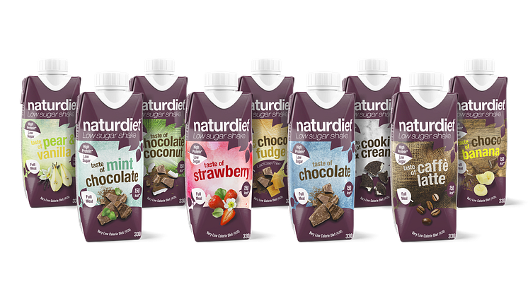 Naturdiet Shakes i ny design som lanseras hösten 2019. Alla shakes är klassade som Low Sugar, med extra lågt sockerinnehåll.