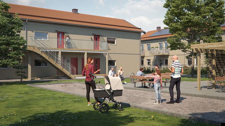 Illustration av entrésida som vetter ut mot gemensam gård med grönytor, lägenheterna i BoKlok Pysslingen i Växjö. 