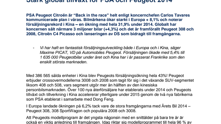 Stark global tillväxt för PSA och Peugeot 2014 