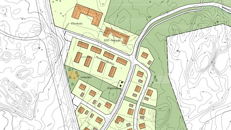 Karta över Lärketorpet där den nya bebyggelsen planeras.