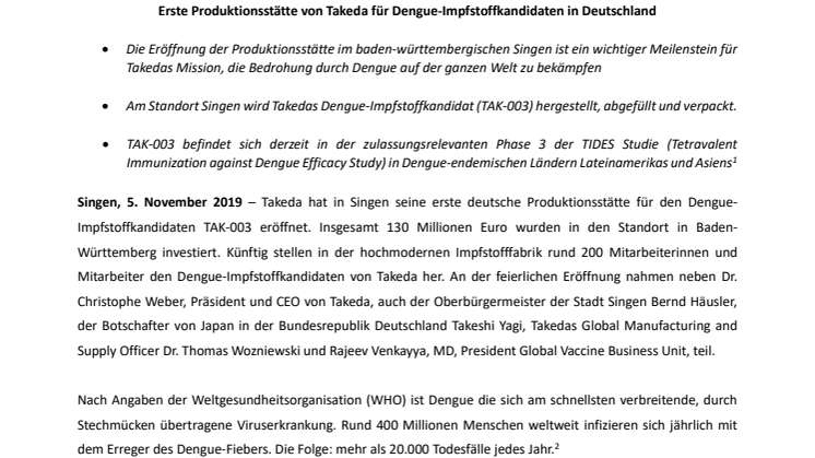 Erste Produktionsstätte von Takeda für Dengue-Impfstoffkandidaten in Deutschland