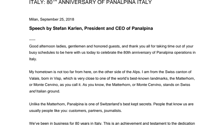 Panalpina celebrates 80th anniversary in Italy