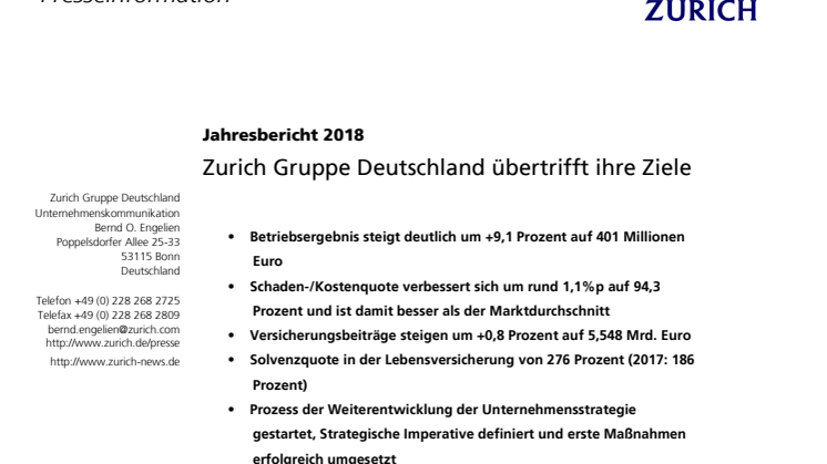 Jahresbericht 2018: Zurich Gruppe Deutschland übertrifft ihre Ziele