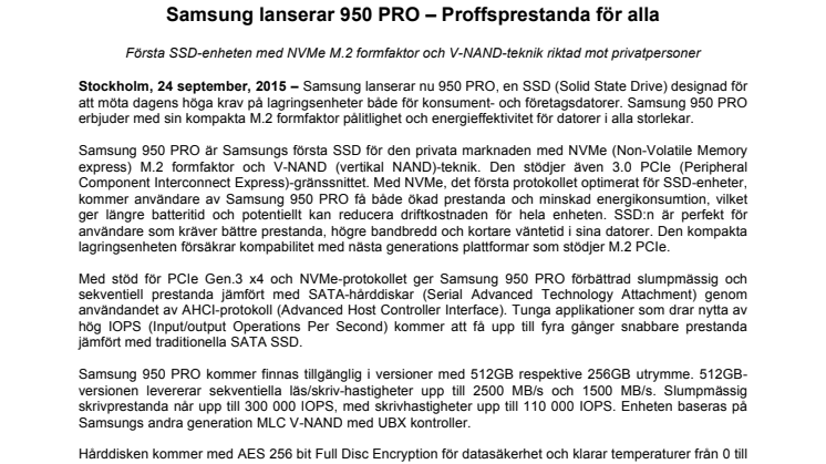 Samsung lanserar 950 PRO – Proffsprestanda för alla