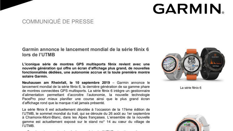 Garmin annonce le lancement mondial de la série fēnix 6 lors de l’UTMB