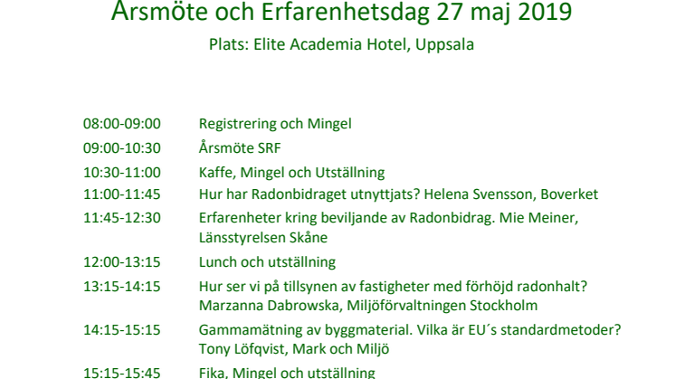 Svensk Radonförenings Erfarenhetsdag och Årsmöte den 27 maj - Sista anmälningsdagen närmar sig!