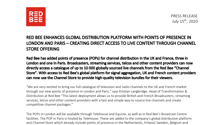 Red Bee Enhances Global Distribution Platform with Points of Presence in London and Paris – Creating Direct Access to Live Content Through Channel Store Offering