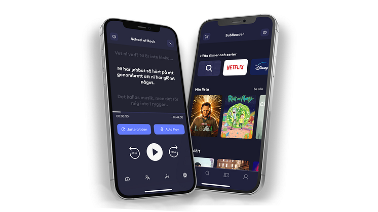 Skärmbilder på spelaren där undertexten läses upp och på förstsidan i appen där man kan söka efter alla filmer på olika streamingtjänster