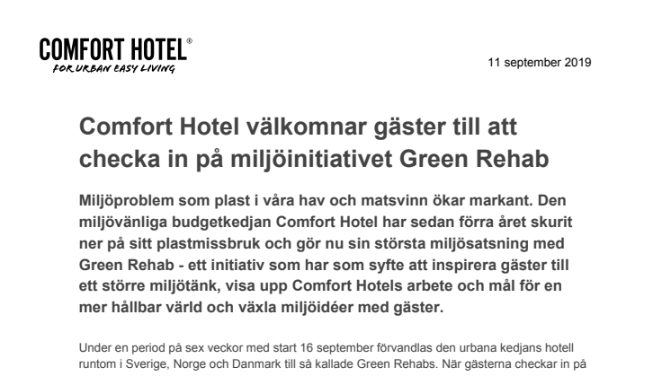 Comfort Hotel välkomnar gäster till att checka in på miljöinitiativet Green Rehab