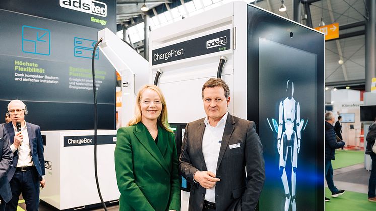 Baden-Württemberg's Environment Minister Thekla Walker and Thomas Speidel, BVES President and CEO of ADS-TEC Energy open the new energy trade fair Volta-X.