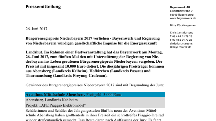 Bürgerenergiepreis Niederbayern 2017 verliehen