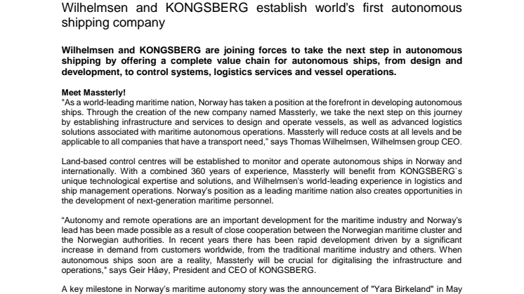 Wilhelmsen and KONGSBERG establish world's first autonomous shipping company 