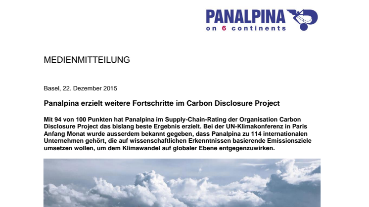 Panalpina erzielt weitere Fortschritte im Carbon Disclosure Project