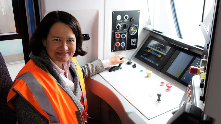 In the driving seat - Catherine West MP tries out the driver's cab of a new Moorgate train