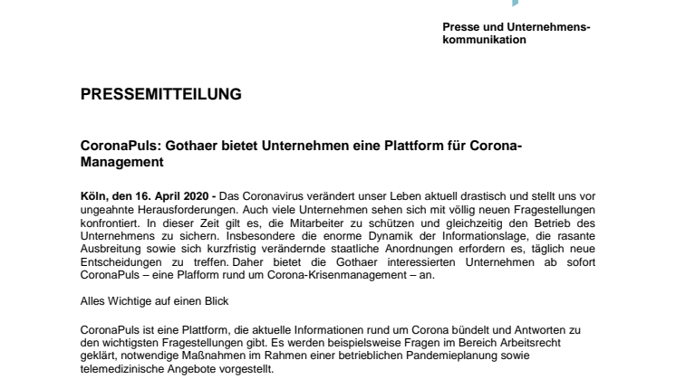 CoronaPuls: Gothaer bietet Unternehmen eine Plattform für Corona-Management