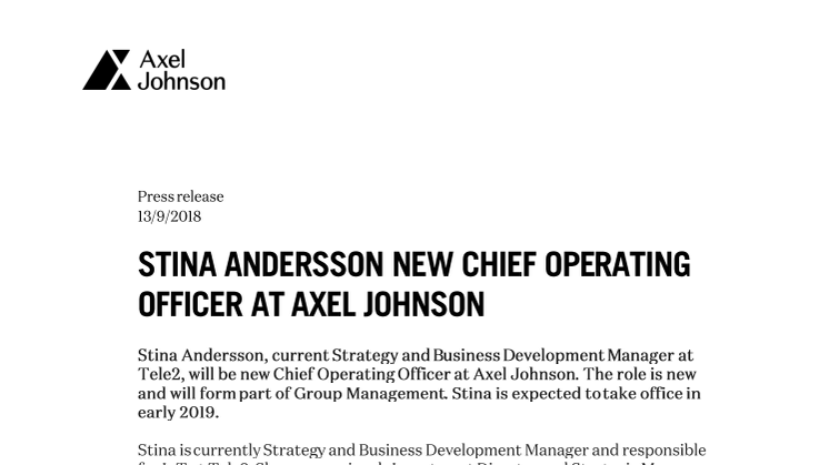 ​Stina Andersson new Chief Operating Officer at Axel Johnson