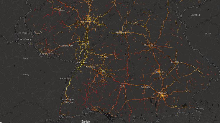 Road surface temperature map created by connected vehicles in southern Germany