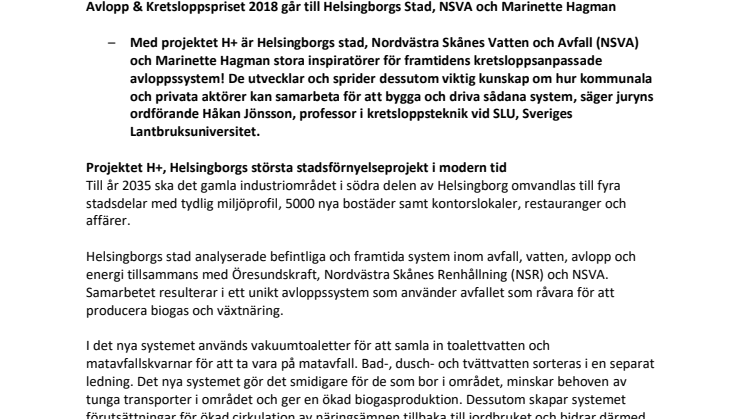 Avlopp & Kretsloppspriset 2018 går till Helsingborgs Stad, NSVA och Marinette Hagman 