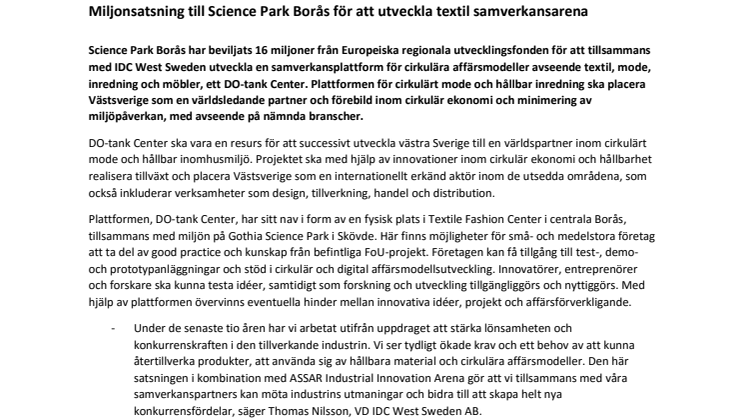 ​Miljonsatsning till Science Park Borås för att utveckla textil samverkansarena