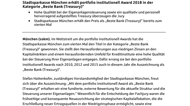 Stadtsparkasse München erhält portfolio institutionell Award 2018 in der Kategorie „Beste Bank (Treasury)“