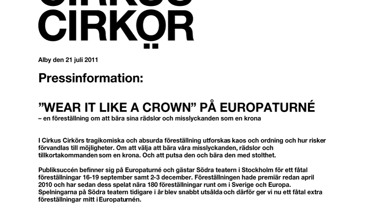 Cirkus Cirkörs "Wear it like a crown" på ny Europaturné i höst