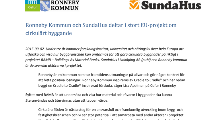 Ronneby Kommun och SundaHus deltar i stort EU-projekt om cirkulärt byggande
