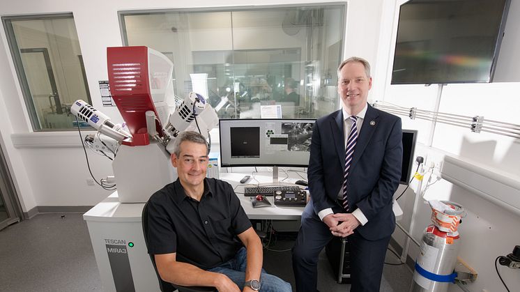 Professor Guillaume Zoppi and Professor John Woodward are pictured in the Materials Characterisation Suite at Northumbria University.
