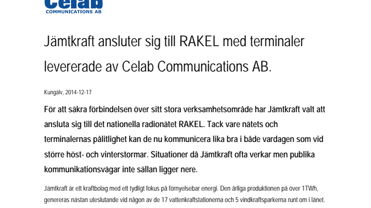 Jämtkraft ansluter sig till RAKEL med terminaler levererade av Celab Communications AB.