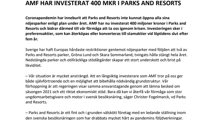 AMF investerar 400 mkr i Parks and Resorts