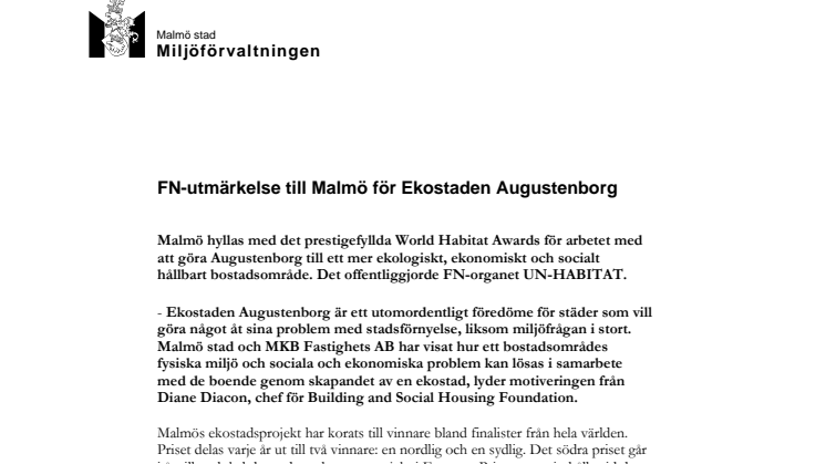 FN-utmärkelse till Malmö för Ekostaden Augustenborg